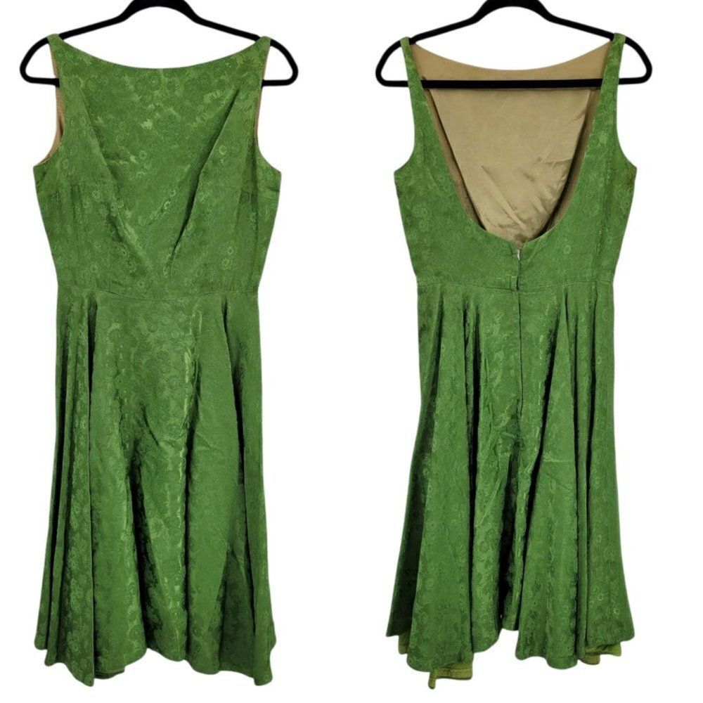 50's Jay Herbert Avocado Boat‎ Neck Scoop Open Back Midi Fit & Flare Dress Sz S